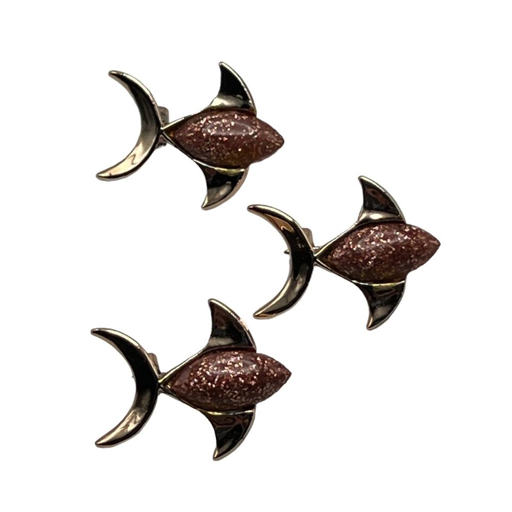 Vintage Fish Scatter Pins‎ Lot of 3 Gold Tone with Pink Copper Flexed Cabochon